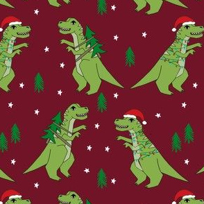 christmas fabric - dinosaur christmas fabric, tree rex, t-rex christmas, funny christmas fabric, funny christmas gift wrap, christmas wrapping paper - burgundy