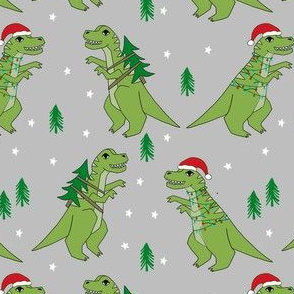 christmas fabric - dinosaur christmas fabric, tree rex, t-rex christmas, funny christmas fabric, funny christmas gift wrap, christmas wrapping paper - grey