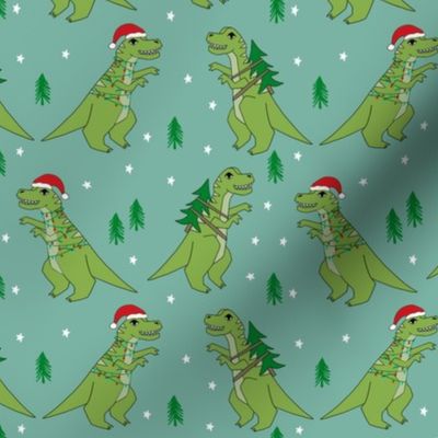 christmas fabric - dinosaur christmas fabric, tree rex, t-rex christmas, funny christmas fabric, funny christmas gift wrap, christmas wrapping paper - blue