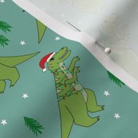 christmas fabric - dinosaur christmas fabric, tree rex, t-rex christmas, funny christmas fabric, funny christmas gift wrap, christmas wrapping paper - blue