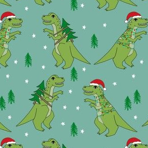 christmas fabric - dinosaur christmas fabric, tree rex, t-rex christmas, funny christmas fabric, funny christmas gift wrap, christmas wrapping paper - blue
