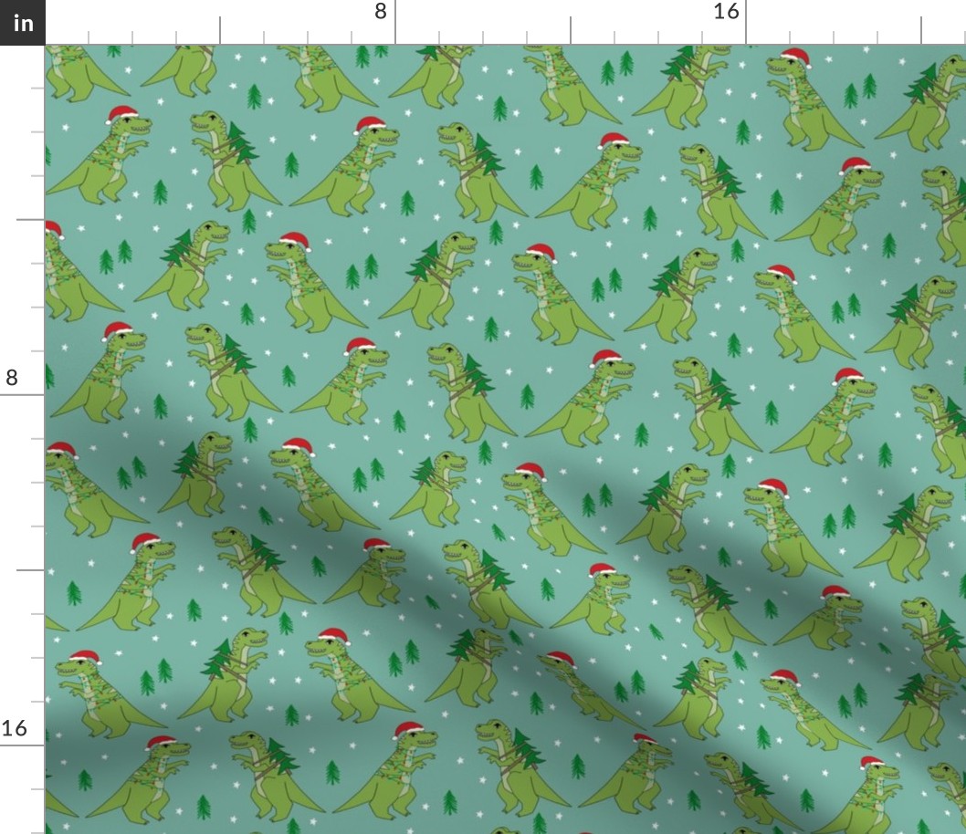 christmas fabric - dinosaur christmas fabric, tree rex, t-rex christmas, funny christmas fabric, funny christmas gift wrap, christmas wrapping paper - blue