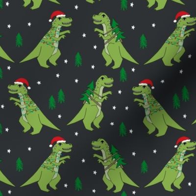 christmas fabric - dinosaur christmas fabric, tree rex, t-rex christmas, funny christmas fabric, funny christmas gift wrap, christmas wrapping paper - charcoal