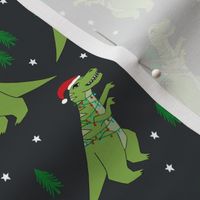 christmas fabric - dinosaur christmas fabric, tree rex, t-rex christmas, funny christmas fabric, funny christmas gift wrap, christmas wrapping paper - charcoal