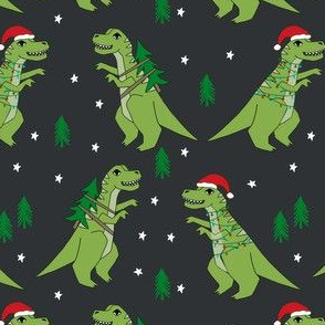 christmas fabric - dinosaur christmas fabric, tree rex, t-rex christmas, funny christmas fabric, funny christmas gift wrap, christmas wrapping paper - charcoal