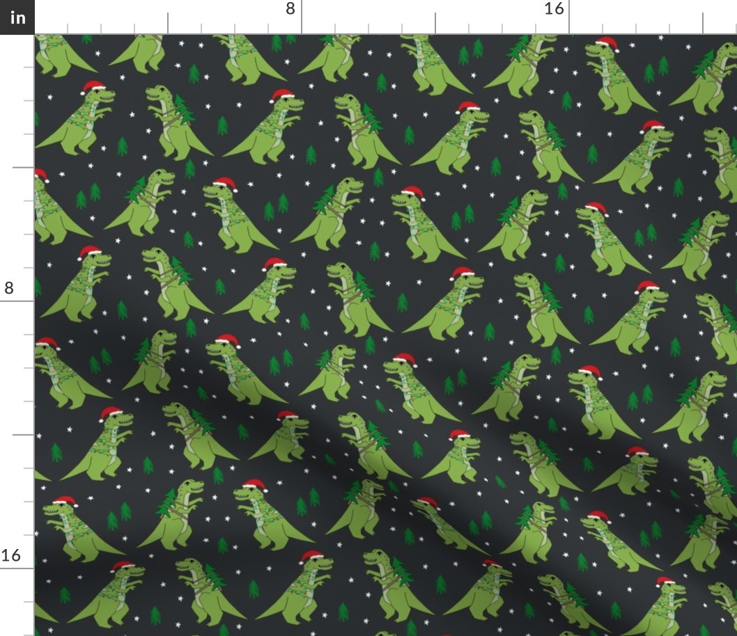 christmas fabric - dinosaur christmas fabric, tree rex, t-rex christmas, funny christmas fabric, funny christmas gift wrap, christmas wrapping paper - charcoal