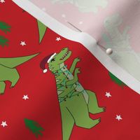 christmas fabric - dinosaur christmas fabric, tree rex, t-rex christmas, funny christmas fabric, funny christmas gift wrap, christmas wrapping paper - red