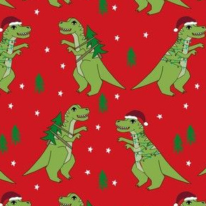 christmas fabric - dinosaur christmas fabric, tree rex, t-rex christmas, funny christmas fabric, funny christmas gift wrap, christmas wrapping paper - red
