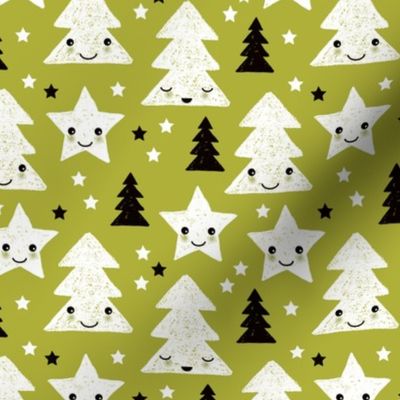 Merry christmas kawaii seasonal christmas trees and stars Japanese illustration print pastel green Small