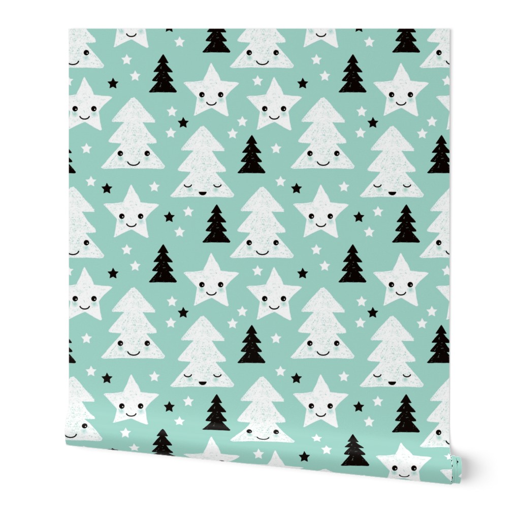 Merry christmas kawaii seasonal christmas trees and stars Japanese illustration print pastel blue Small