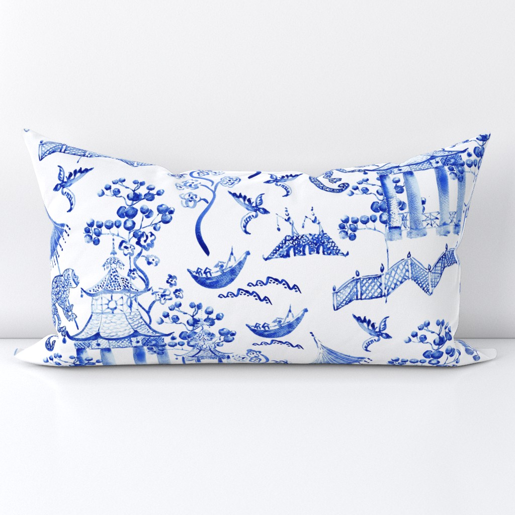 Hand Painted Watercolor Chinoiserie  - Blue