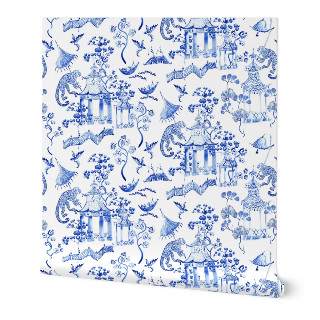 Hand Painted Watercolor Chinoiserie  - Blue