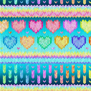 Cosy Knit with Rainbow Hearts - teal blue, large