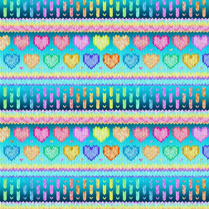 Cosy Knit with Rainbow Hearts - teal blue, small