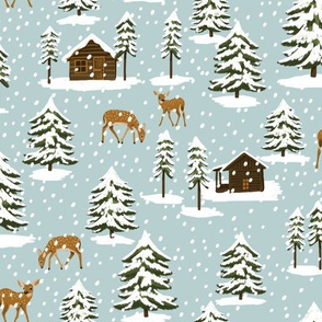 Winter Forest Cabins and Deer