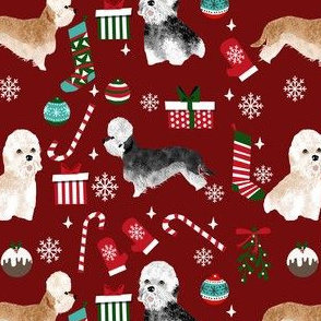 dandie dinmont terrier christmas fabric - dog breed christmas fabric, dog christmas fabric, terrier dog fabric, dandie dinmont terrier, cute dog wrapping paper, dandie dinmont gift wrap - burgundy
