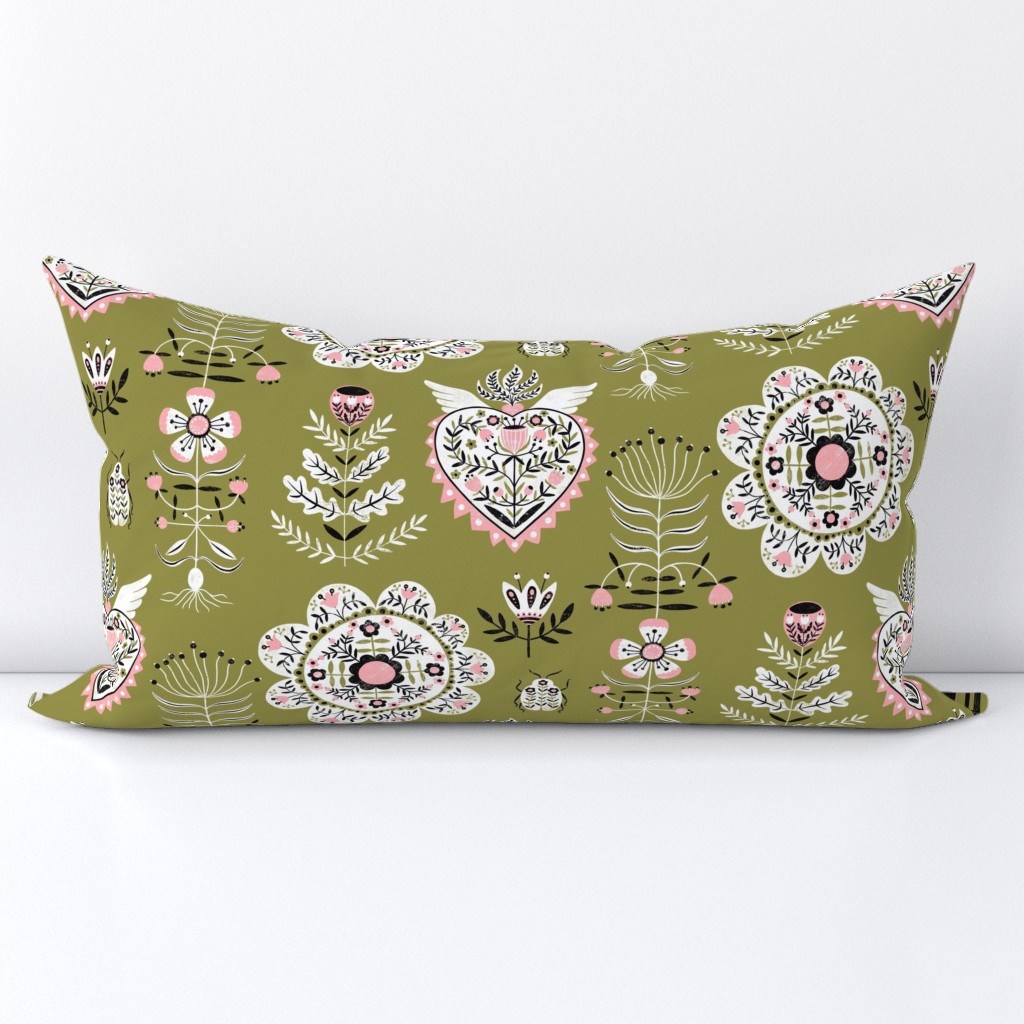 Retro Folky Floral in Olive and Pink
