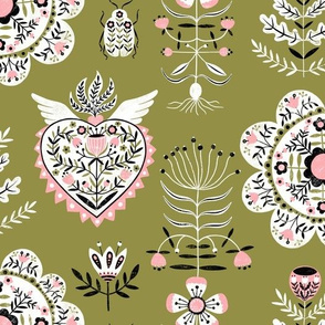Retro Folky Floral in Olive and Pink