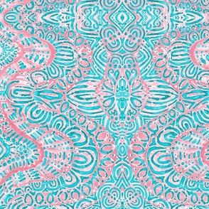 Blue Green and Salmon Pink Tribal Ogee