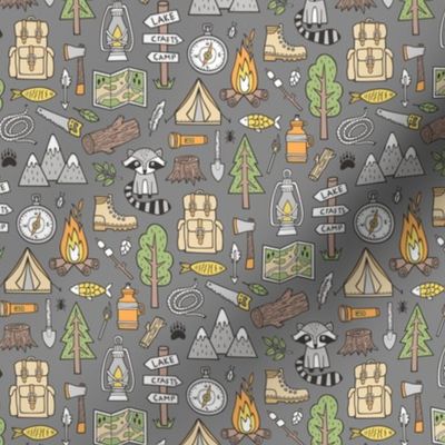 Outdoors Camping Woodland Doodle with Campfire, Raccoon, Mountains, Trees, Logs on Dark Grey Smaller 1,5 inch