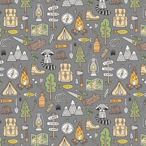 Outdoors Camping Woodland Doodle with Campfire, Raccoon, Mountains, Trees, Logs on Dark Grey Smaller 1,5 inch