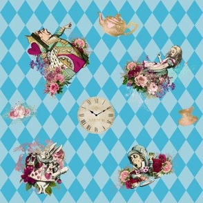 Alice in Wonderland Characters on Blue Harlequin Background