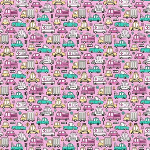 Cars Vehicles Doodle fabric on Magenta Pink Tiny Small