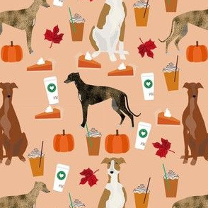 greyhound pumpkin spice latte fabric - dog fabric, greyhound fabric, greyhound fabric by the yard, fall autumn fabric, psl fabric, pumpkin spice latte design - peach