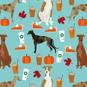greyhound pumpkin spice latte fabric - dog fabric, greyhound fabric, greyhound fabric by the yard, fall autumn fabric, psl fabric, pumpkin spice latte design -  blue