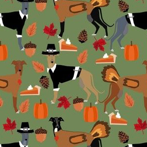 greyhound thanksgiving fabric - dog fabric, greyhound fabric, thanksgiving fabric, dog breeds fabric, cute dog fabric, dog wrapping paper, greyhounds gift wrap - green