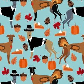 greyhound thanksgiving fabric - dog fabric, greyhound fabric, thanksgiving fabric, dog breeds fabric, cute dog fabric, dog wrapping paper, greyhounds gift wrap - blue