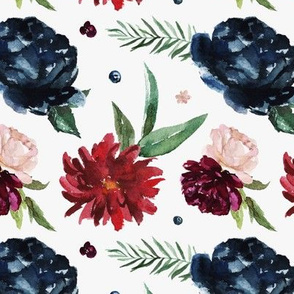 Navy and Burgundy Large Floral Blooms Pattern | Autumn Garden Collection K074