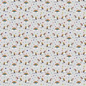 (micro scale) unicorns with rainbows (primary) on grey C18BS