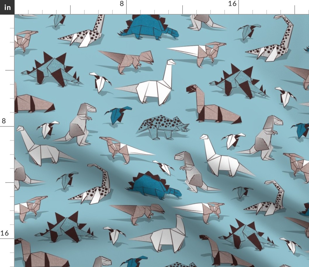 Normal scale // Origami dino friends // spaced version // blue background paper white & blue dinosaurs