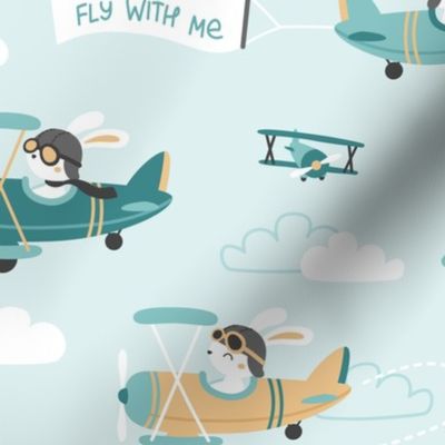 Fly with me - Bunnies in planes - mint orange