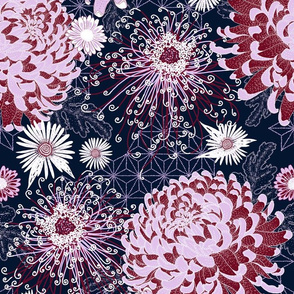 Japanese Chrysanthemums in navy-orchid-burgundy 