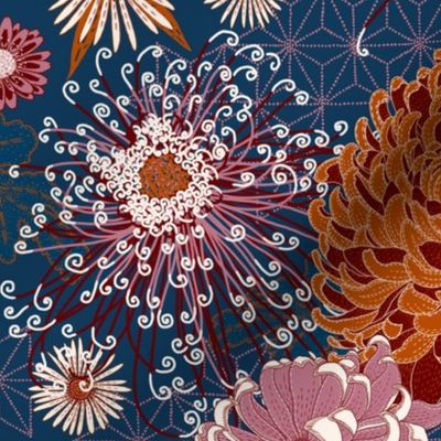 Japanese Chrysanthemums in peacock-mauve-terracotta-burgundy 