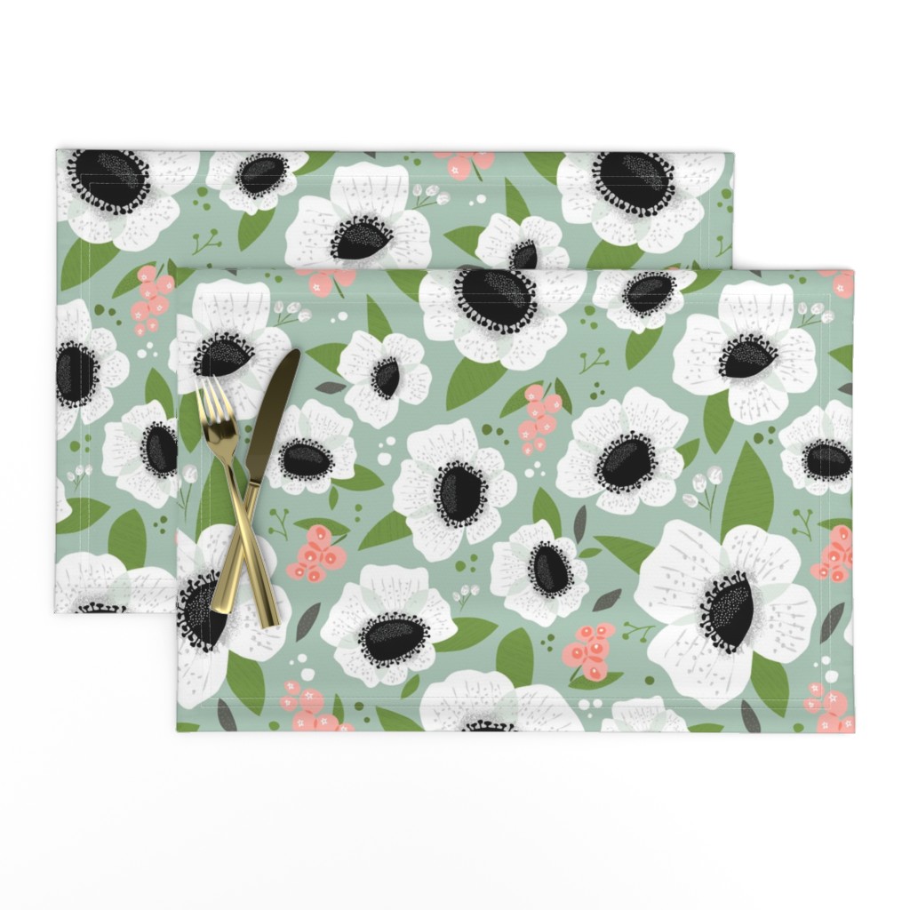 Floral Anemones Green Large Scale