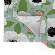 Floral Anemones Green Large Scale