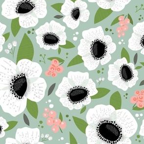 Floral Anemones Green Large Scale