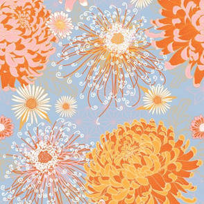 Japanese Fall Chrysanthemums On dusty blue