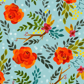 Orange Fall Flowers - Large Scale on Blue