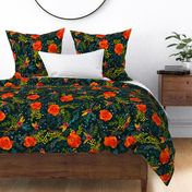 Orange Fall Flowers - Large Scale on Dark Teal