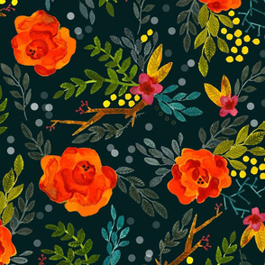 Orange Fall Flowers - Large Scale on Dark Teal