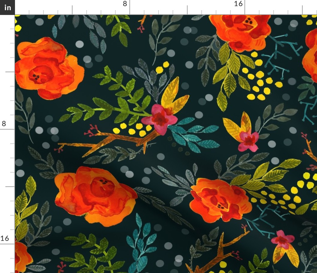 Orange Fall Flowers - Large Scale on Dark Teal