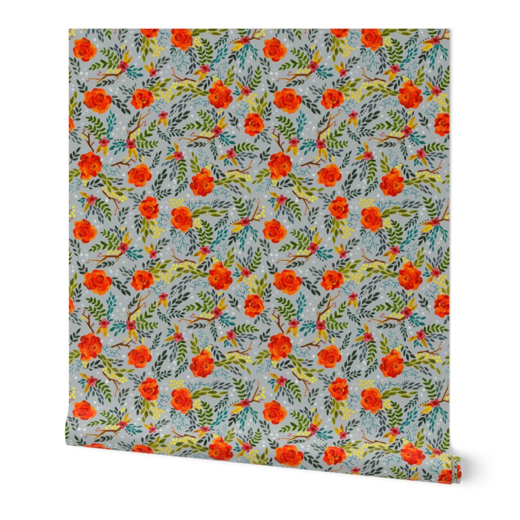 Orange Fall Flowers - Smaller Scale on Gray