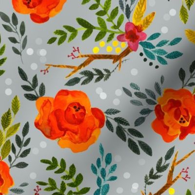Orange Fall Flowers - Smaller Scale on Gray