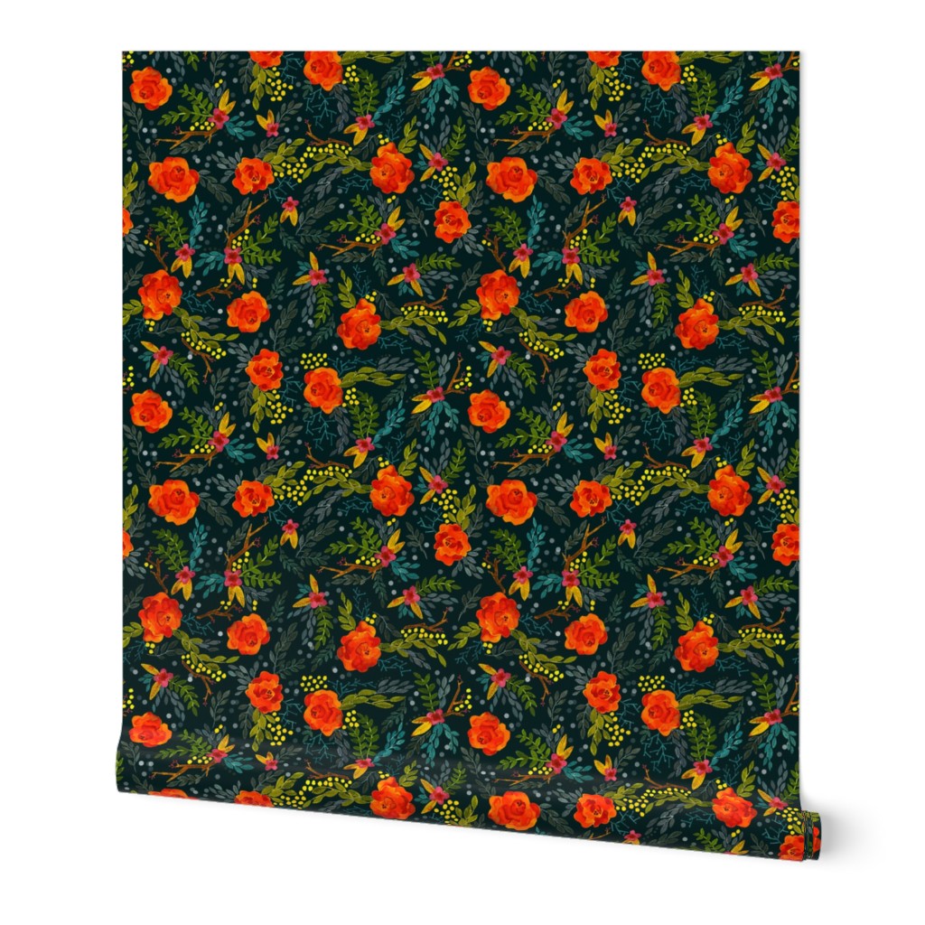 Orange Fall Flowers - Smaller Scale on Teal