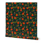 Orange Fall Flowers - Smaller Scale on Teal