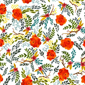 Orange Fall Flowers - Smaller Scale on White